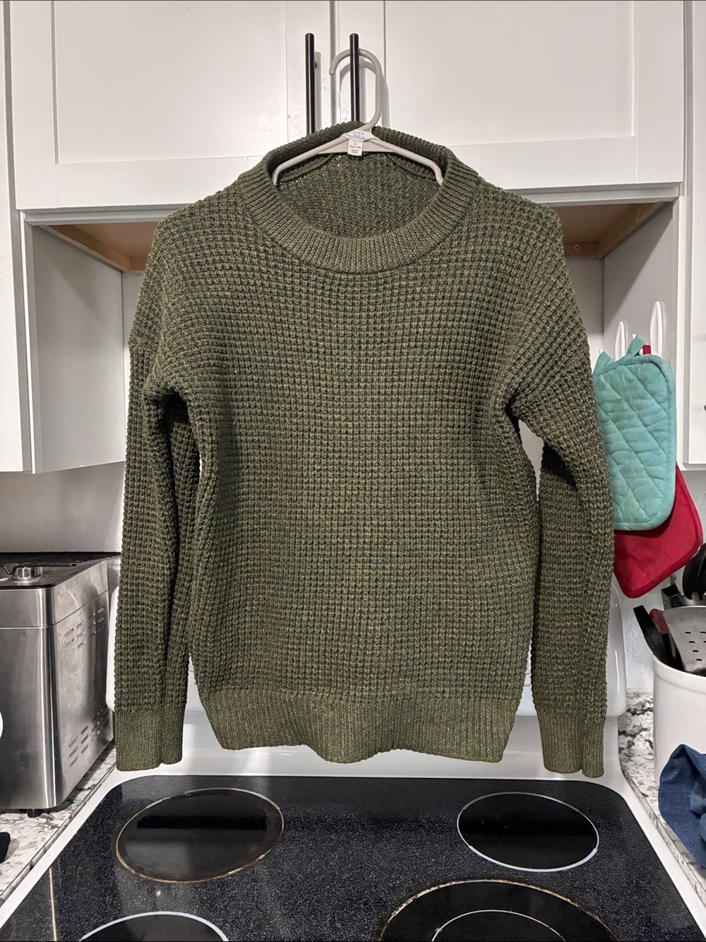 Women’s Olive Green Waffle Knit Crewneck Sweater